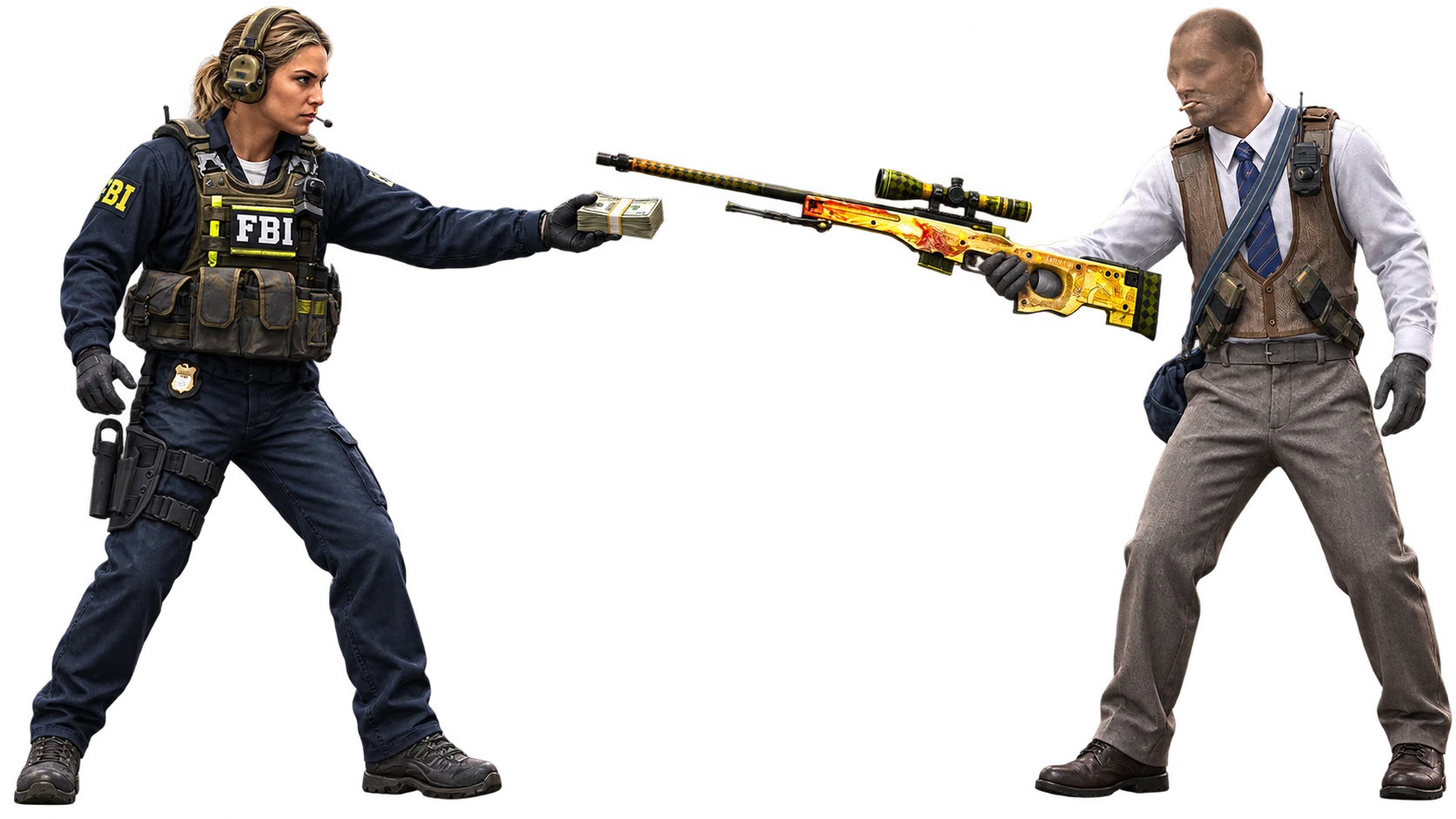 FBI agent and masked trader exchanging cash and a CS2 skin